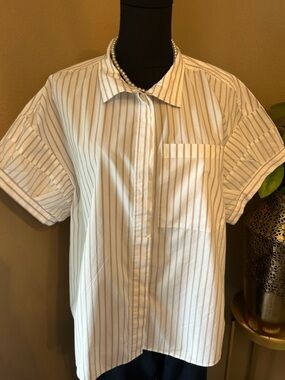 Frame Short-Sleeve Button-Down Shirt — White with Tan Stripes 100 Cotton